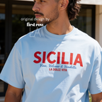 Man wearing 'SICILIA, Vino, Volcano and Vendetta, LA DOLCE VITA' T-shirt.

Original design and copyright by first row LA 2026.