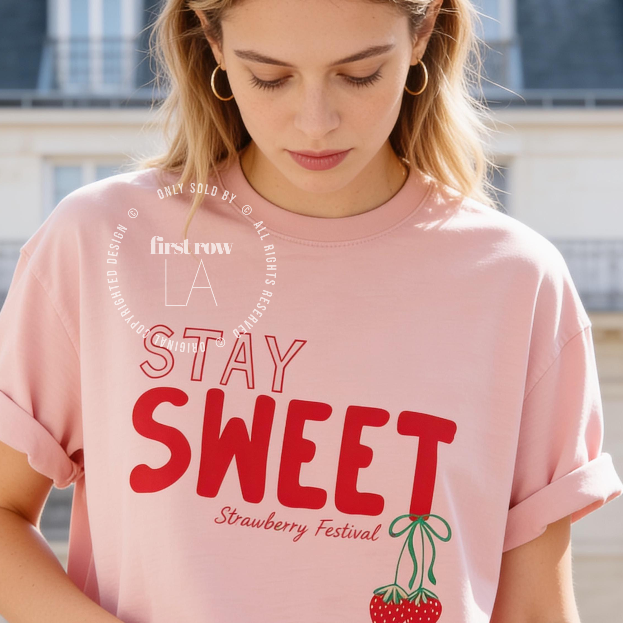 Woman wearing Stay Sweet Strawberry Festival Shirt, Coquette Tee, Cute Cottagecore T-Shirt, Summer Top, Summer Fruit Strawberry Tee, Farmers Market T