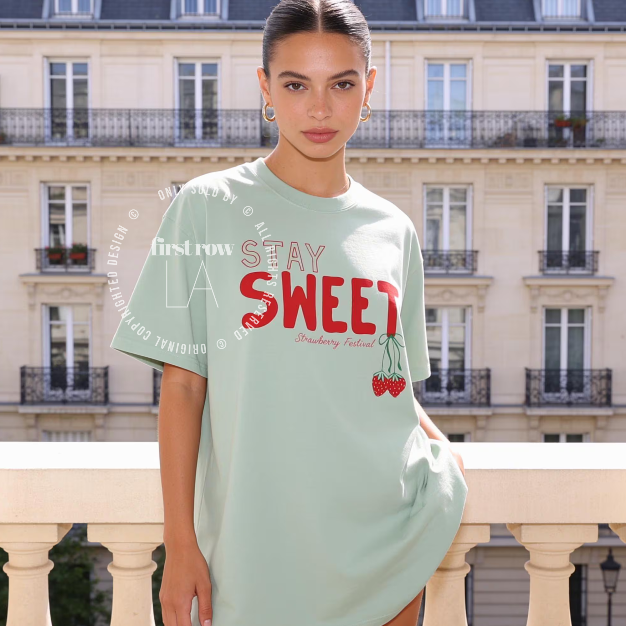 Woman wearing Stay Sweet Strawberry Festival Shirt, Coquette Tee, Cute Cottagecore T-Shirt, Summer Top, Summer Fruit Strawberry Tee, Farmers Market T