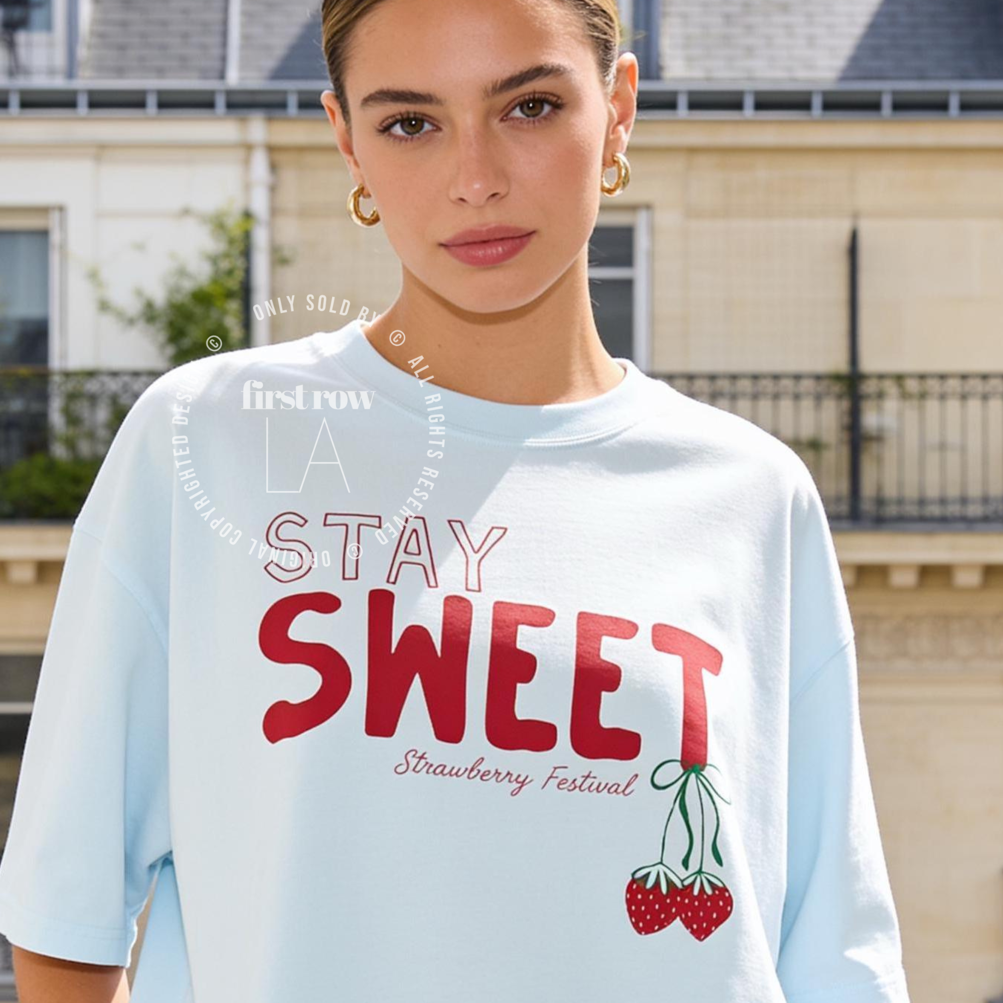 Woman wearing Stay Sweet Strawberry Festival Shirt, Coquette Tee, Cute Cottagecore T-Shirt, Summer Top, Summer Fruit Strawberry Tee, Farmers Market T