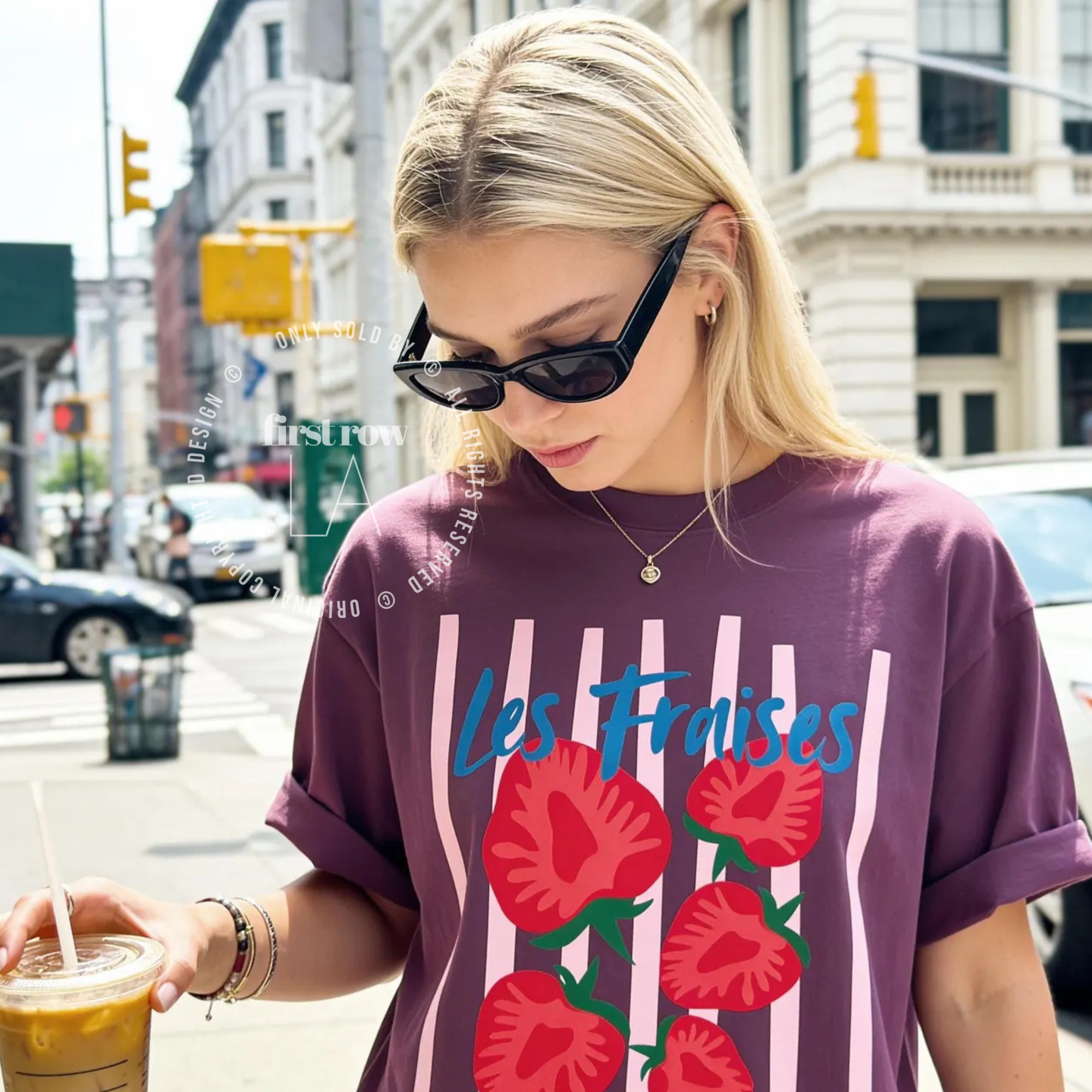 Woman wearing Strawberry Shirt, Les Fraises T-Shirt, Marche Fermier, French Farmers Market Tee, Cottagecore Fruit Graphic Shirt, Strawberries Tee