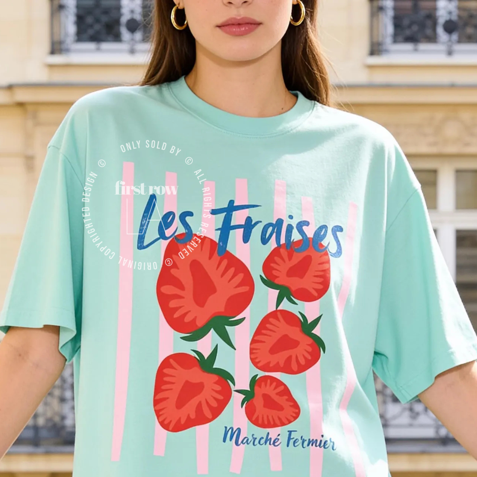 Woman wearing Strawberry Shirt, Les Fraises T-Shirt, Marche Fermier, French Farmers Market Tee, Cottagecore Fruit Graphic Shirt, Strawberries Tee