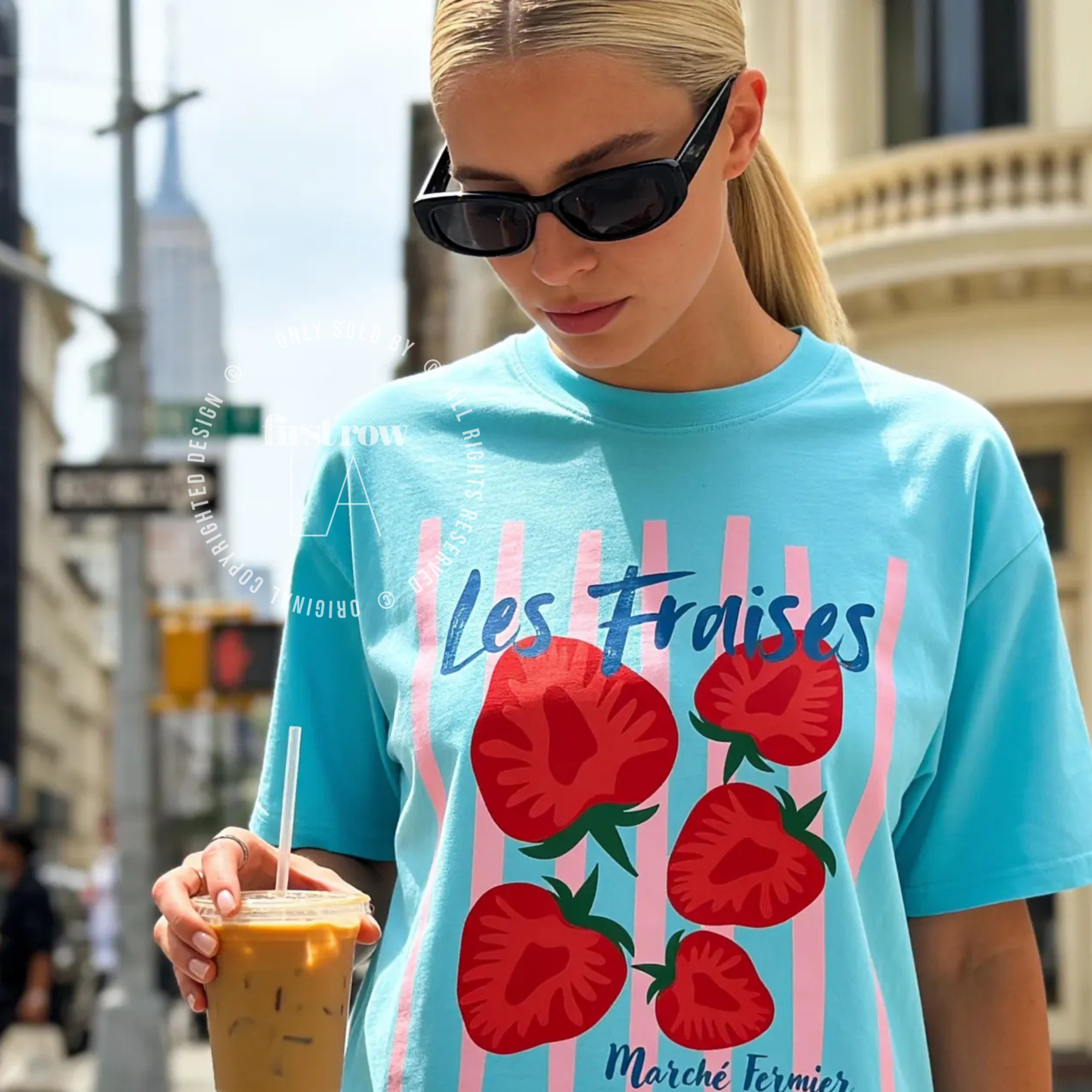 Woman wearing Strawberry Shirt, Les Fraises T-Shirt, Marche Fermier, French Farmers Market Tee, Cottagecore Fruit Graphic Shirt, Strawberries Tee