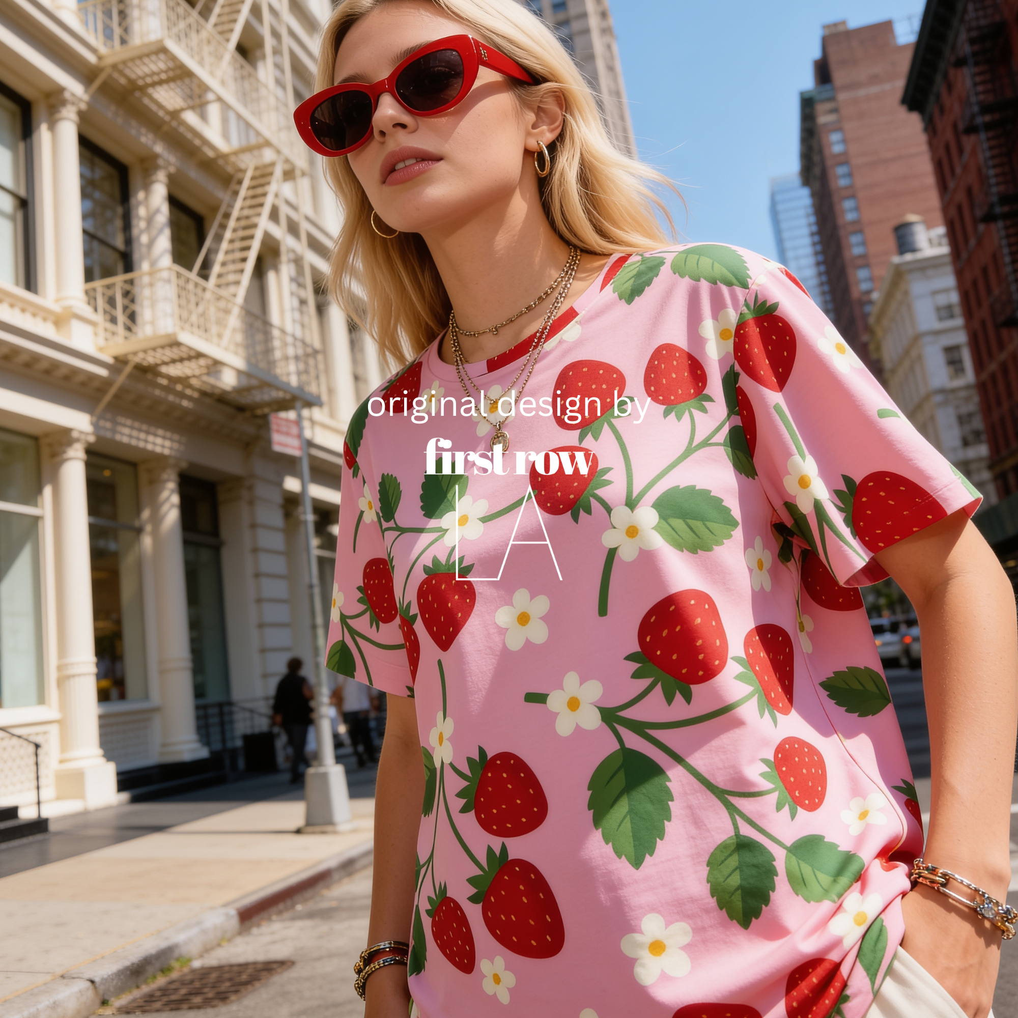 Woman wearing Strawberry Shirt, Unisex, Pink Strawberry T Shirt, All Over Print Tee, Cute Fruit Shirt, Floral Strawberry Top, Dopamine Summer Shirt