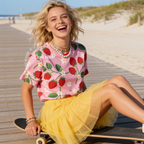 Woman wearing Strawberry Shirt, Unisex, Pink Strawberry T Shirt, All Over Print Tee, Cute Fruit Shirt, Floral Strawberry Top, Dopamine Summer Shirt