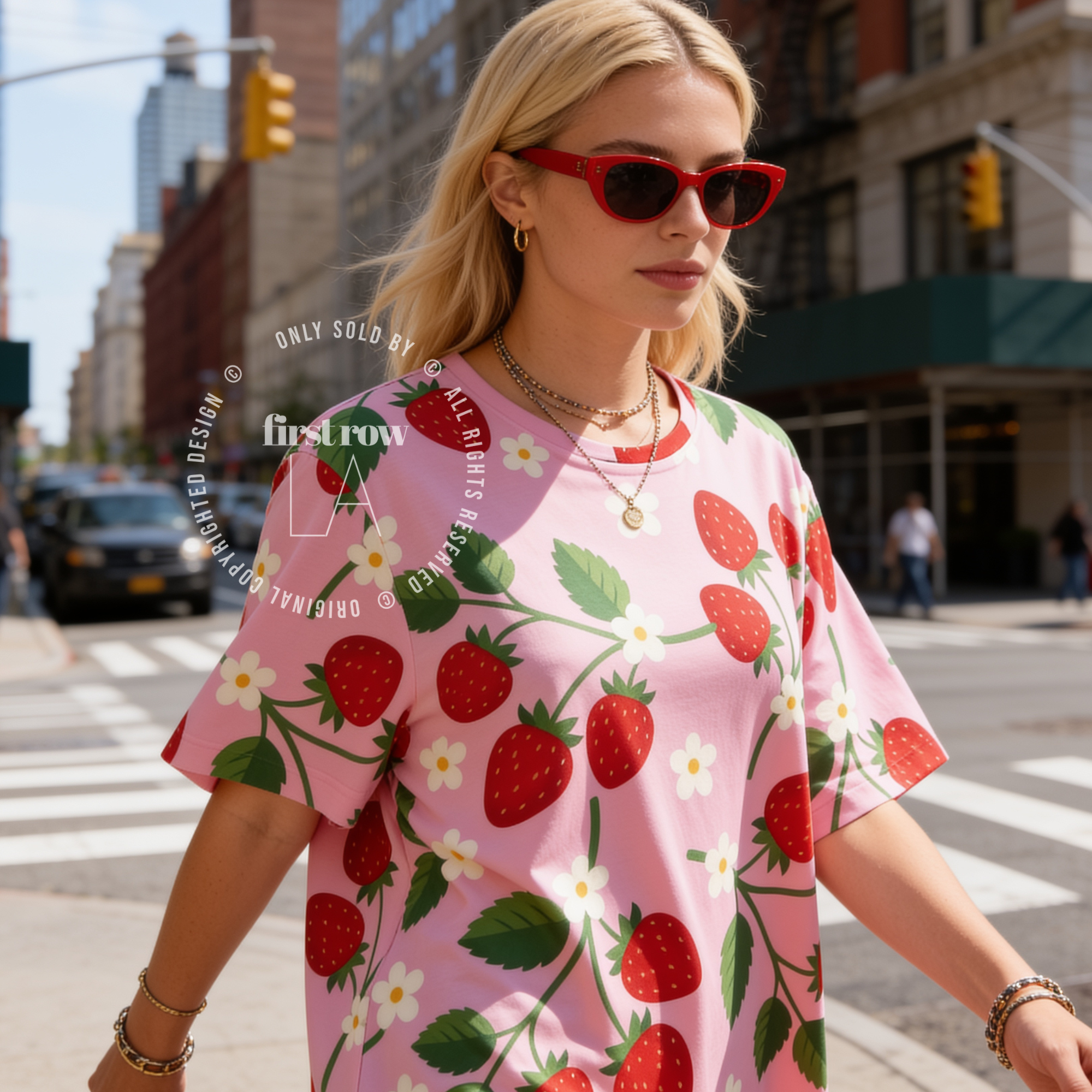 Woman wearing Strawberry Shirt, Unisex, Pink Strawberry T Shirt, All Over Print Tee, Cute Fruit Shirt, Floral Strawberry Top, Dopamine Summer Shirt