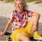 Woman wearing Strawberry Shirt, Unisex, Pink Strawberry T Shirt, All Over Print Tee, Cute Fruit Shirt, Floral Strawberry Top, Dopamine Summer Shirt