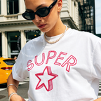 Woman wearing Super Star T-shirt, Unisex, Pink Tee, Pop Icon Tee, Rebel shirt, Punk Queen, Glam, Summer Shirt, Dopamine shirt