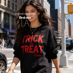Woman wearing unisex sweatshirt with the text Trick or Treat Crew.

Original design and copyright by first row LA.