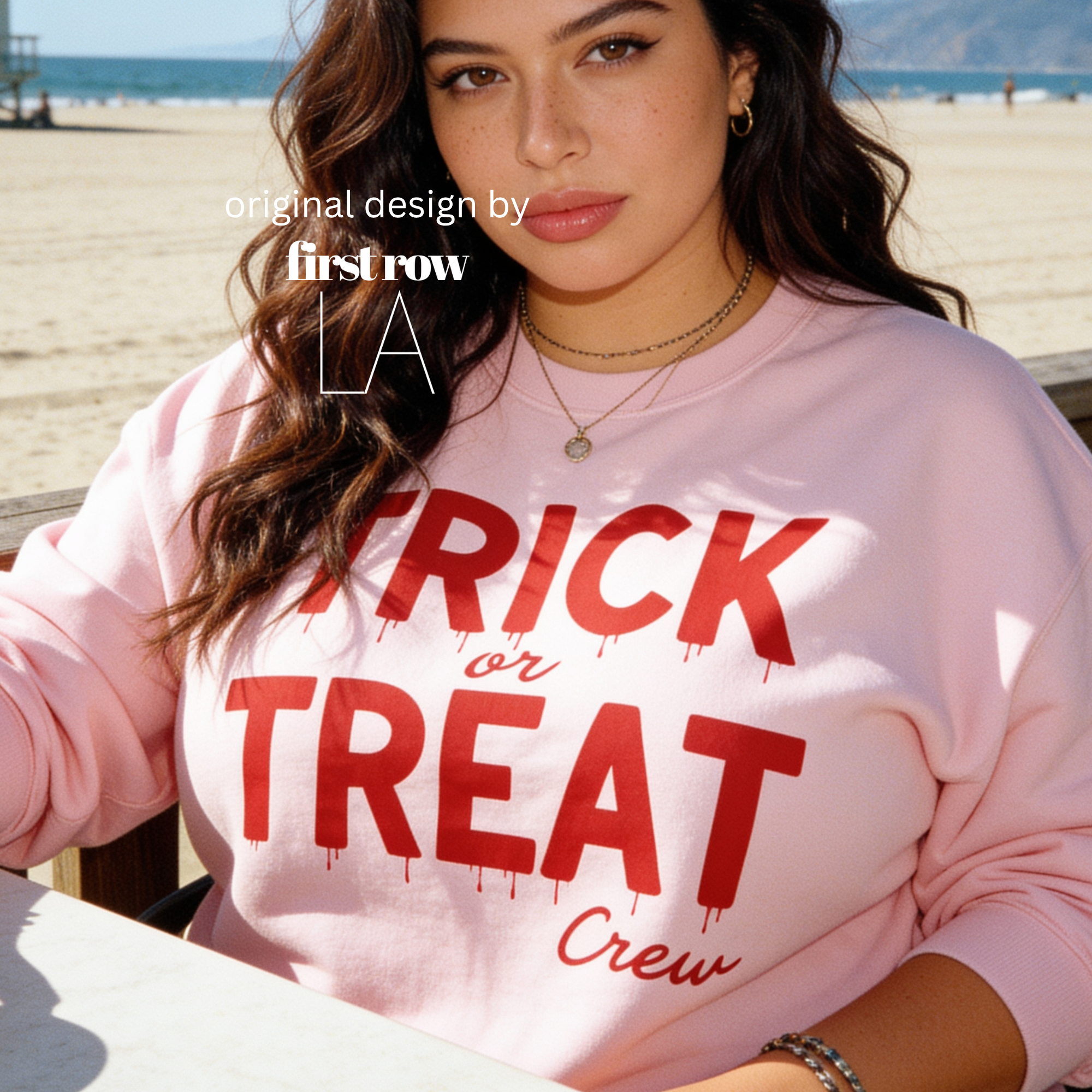 Woman wearing unisex sweatshirt with the text Trick or Treat Crew.

Original design and copyright by first row LA.