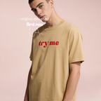 Man wearing 'try me' T-shirt.

Original design and copyright by first row LA.