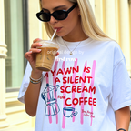 Woman wearing unisex A Yawn Is A Silent Scream For Coffee Shirt, Tired People Coffee Club Tee, Tired Moms Club, Moka Pot, Coffee Club, Caffeine Lover