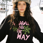Woman wearing Jingle All The Way, Pink Christmas Sweatshirt, Bright Snowflakes, Colorful Holiday Sweater, Fun Christmas Shirt, Cute Holiday shirt.

Original design and copyright by first row LA 2026.