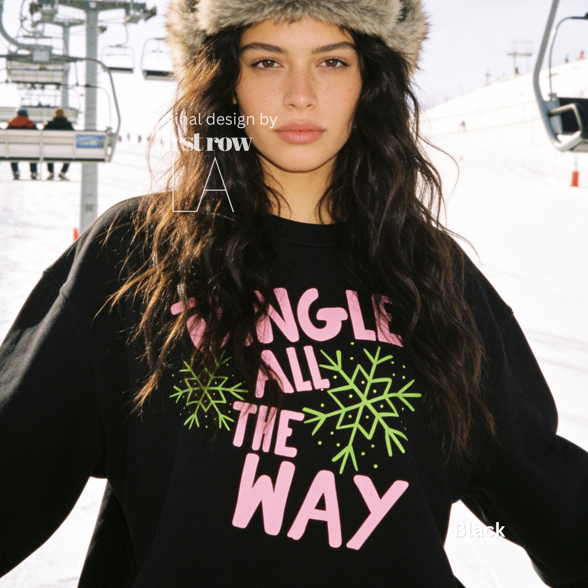 Woman wearing Jingle All The Way, Pink Christmas Sweatshirt, Bright Snowflakes, Colorful Holiday Sweater, Fun Christmas Shirt, Cute Holiday shirt.

Original design and copyright by first row LA 2026.
