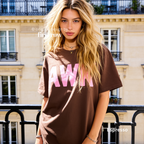 A woman wearing a brown t-shirt with pink text reading 'AWK' on the front.

Original design and copyright by first row LA, August 4th 2026.