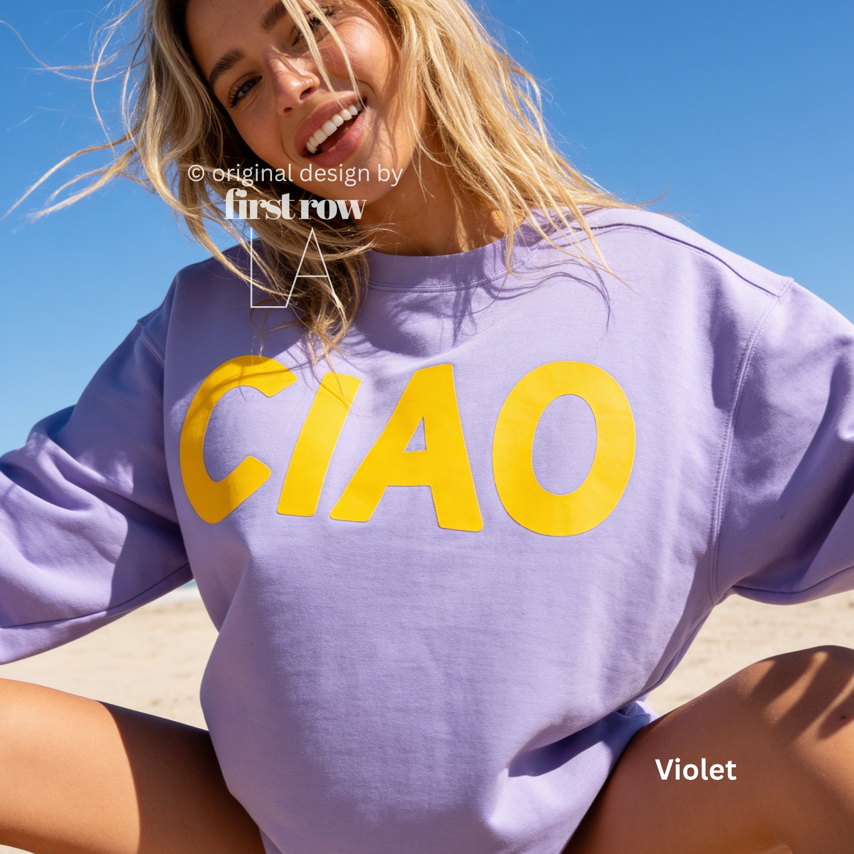 A woman wearing a purple crewneck sweatshirt with large yellow 'CIAO' print.

Original design and copyright by first row LA 2026