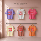 Color options for COFFEE and AMBITION on repeat T-shirt. violet, white, crunchberry, banana, terracotta, and melon. Original design by first row LA.