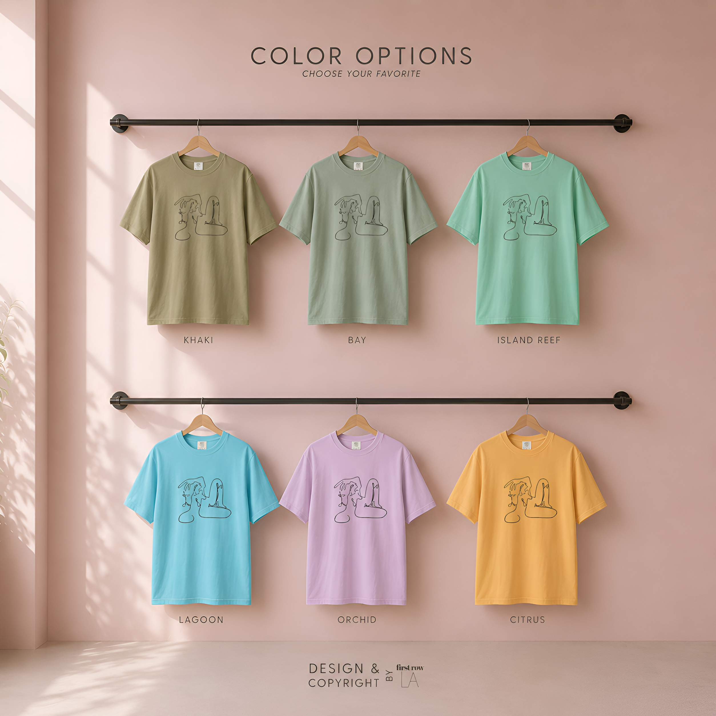 Color options for Lilo on Paper Martini cowgirl shirt. 

The shirts come in different muted colors labeled Khaki, Bay, Island Reef, Lagoon, Orchid, and Citrus. 

Original art by Lilo on Paper. All rights reserved firstrow LA.