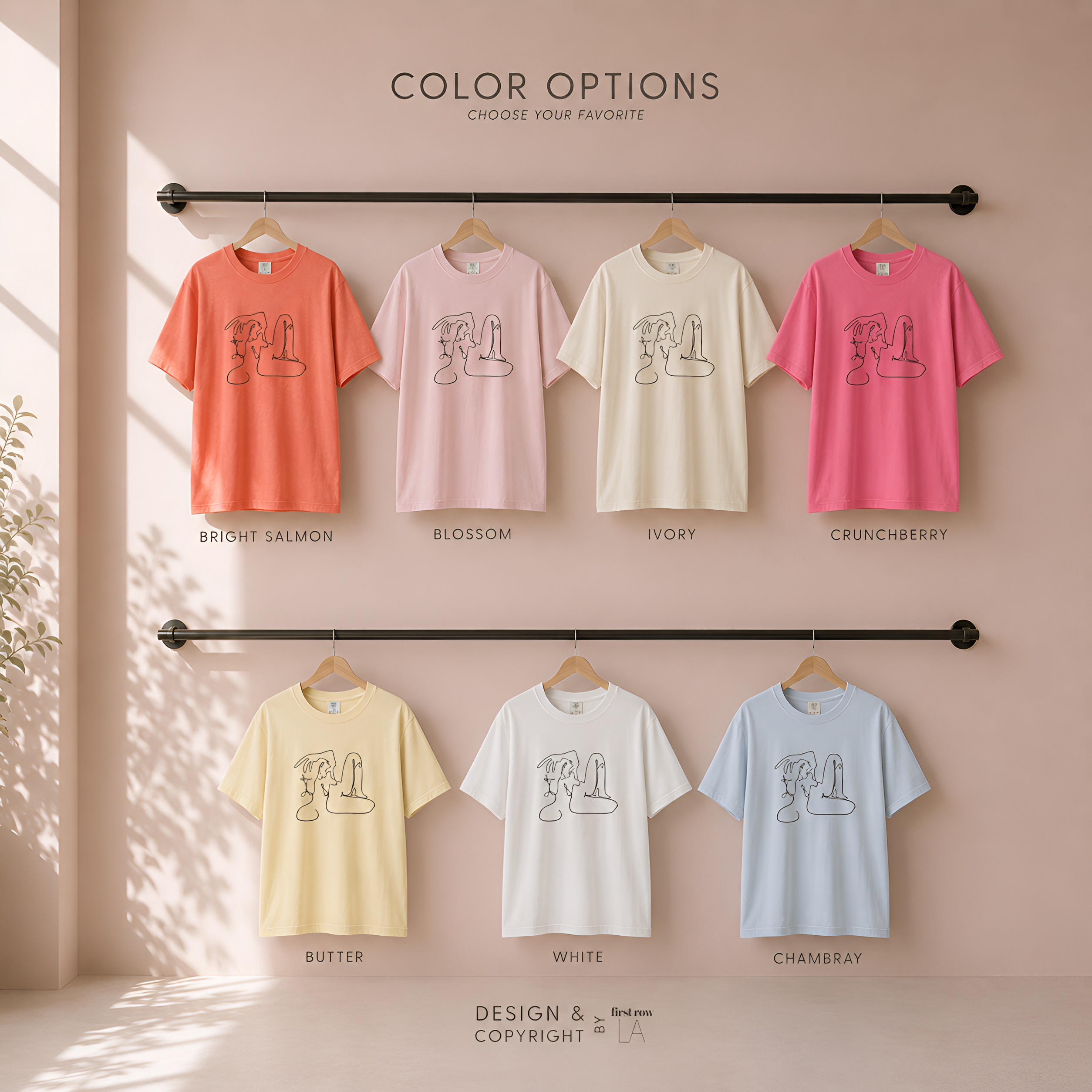 Color options for Lilo on Paper Martini cowgirl shirt. T

he shirts come in different colors and include salmon, blossom pink, ivory, crunchberry pink, butter yellow, white, and chambray blue. 

Original art by Lilo on Paper. All rights reserved first row LA.