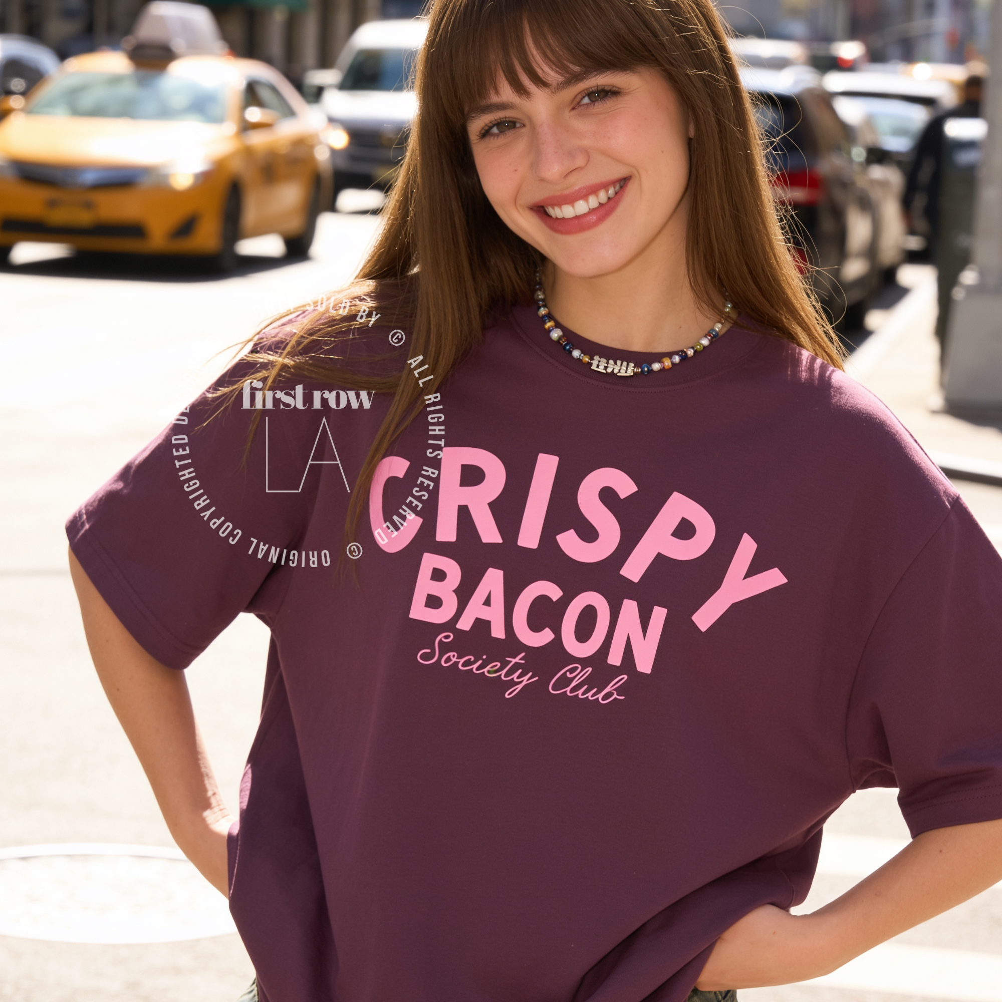 Woman wearing Crispy Bacon Society Club T-shirt designed by First Row LA, All rights reserved