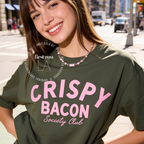 Woman wearing Crispy Bacon Society Club T-shirt designed by First Row LA, All rights reserved