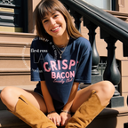 Woman wearing Crispy Bacon Society Club T-shirt designed by First Row LA, All rights reserved