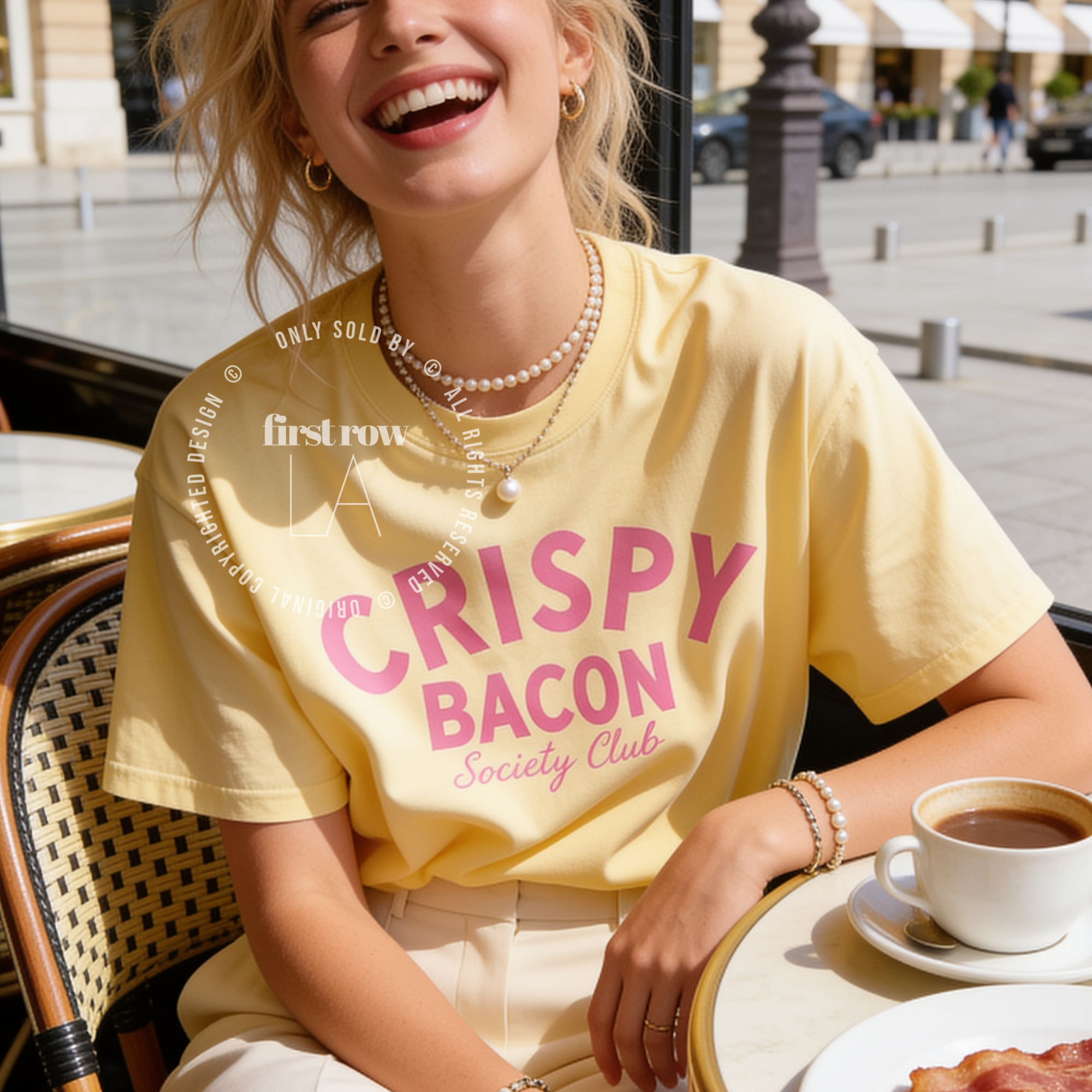 Woman wearing Crispy Bacon Society Club T-shirt designed by First Row LA, All rights reserved