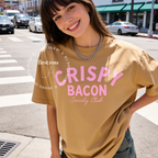 Woman wearing Crispy Bacon Society Club T-shirt designed by First Row LA, All rights reserved