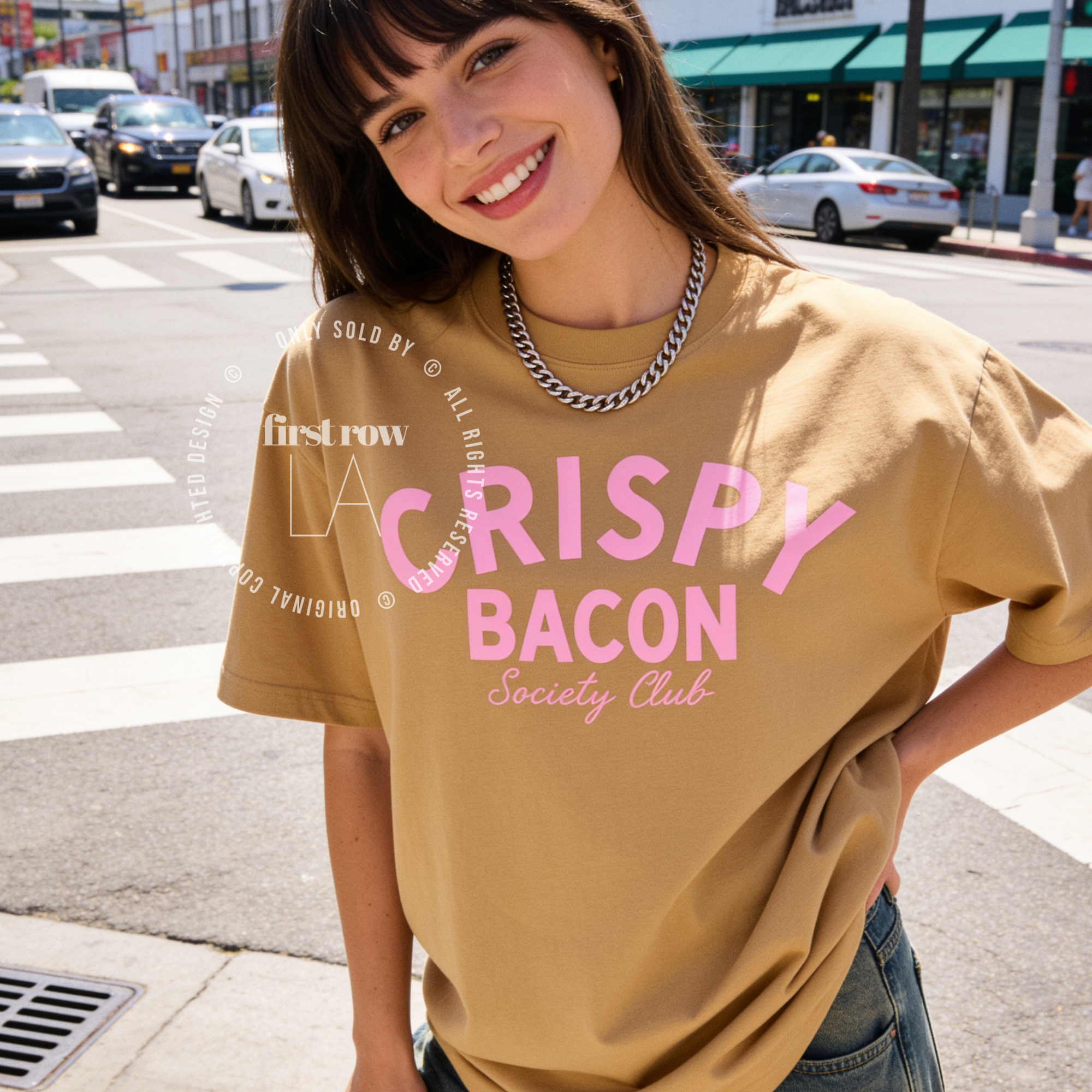 Woman wearing Crispy Bacon Society Club T-shirt designed by First Row LA, All rights reserved