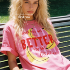 A woman wearing T-shirt with a yellow banana illustration and the text 'THE OLDER YOU GET the BETTER YOU GET UNLESS YOU ARE A banana'.

Original design and copyright by first row LA, August 4th 2026.