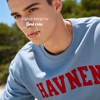 Man wearing 'HAVNEN' varsity sweatshirt.

Original design and copyright by first row LA.