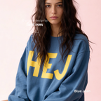 Woman wearing HEJ Sweatshirt with Yellow Handwritten font. Danish Hello Crewneck, Scandinavian Graphic Hygge Sweatshirt, Hyggelig Nordic Minimalist Pullover

Original design and copyright by first row LA 2026