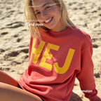 Woman wearing HEJ Sweatshirt with Yellow Handwritten font. Danish Hello Crewneck, Scandinavian Graphic Hygge Sweatshirt, Hyggelig Nordic Minimalist Pullover

Original design and copyright by first row LA 2026