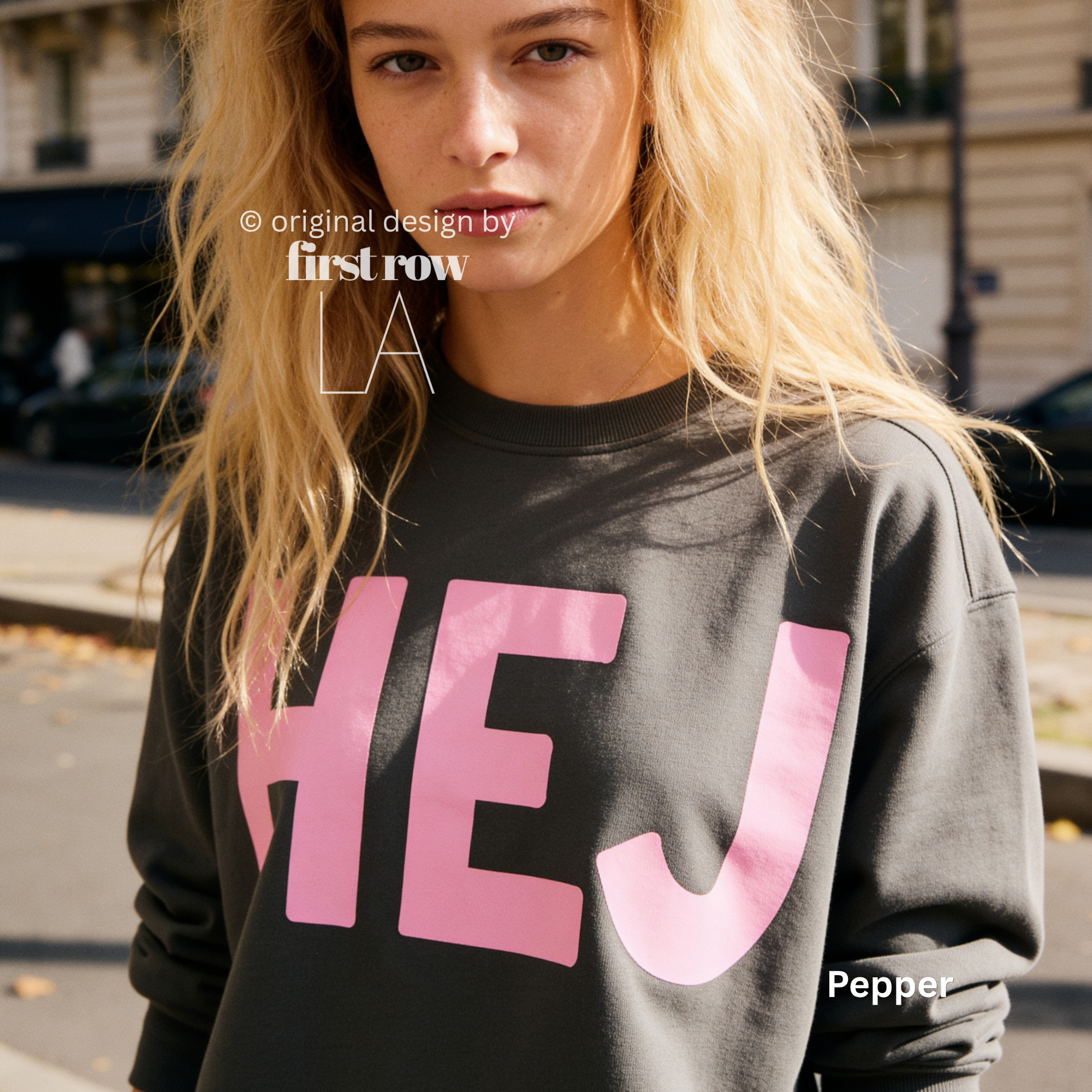 Woman wearing HEJ sweatshirt with pink print.

Original design and copyright © 2026 by First Row LA. All rights reserved. Unauthorized copying, reproduction, or use of this artwork or product photos is strictly prohibited.