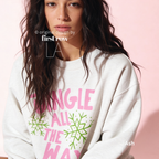 Woman wearing Jingle All The Way, Pink Christmas Sweatshirt, Bright Snowflakes, Colorful Holiday Sweater, Fun Christmas Shirt, Cute Holiday shirt.

Original design and copyright by first row LA 2026.