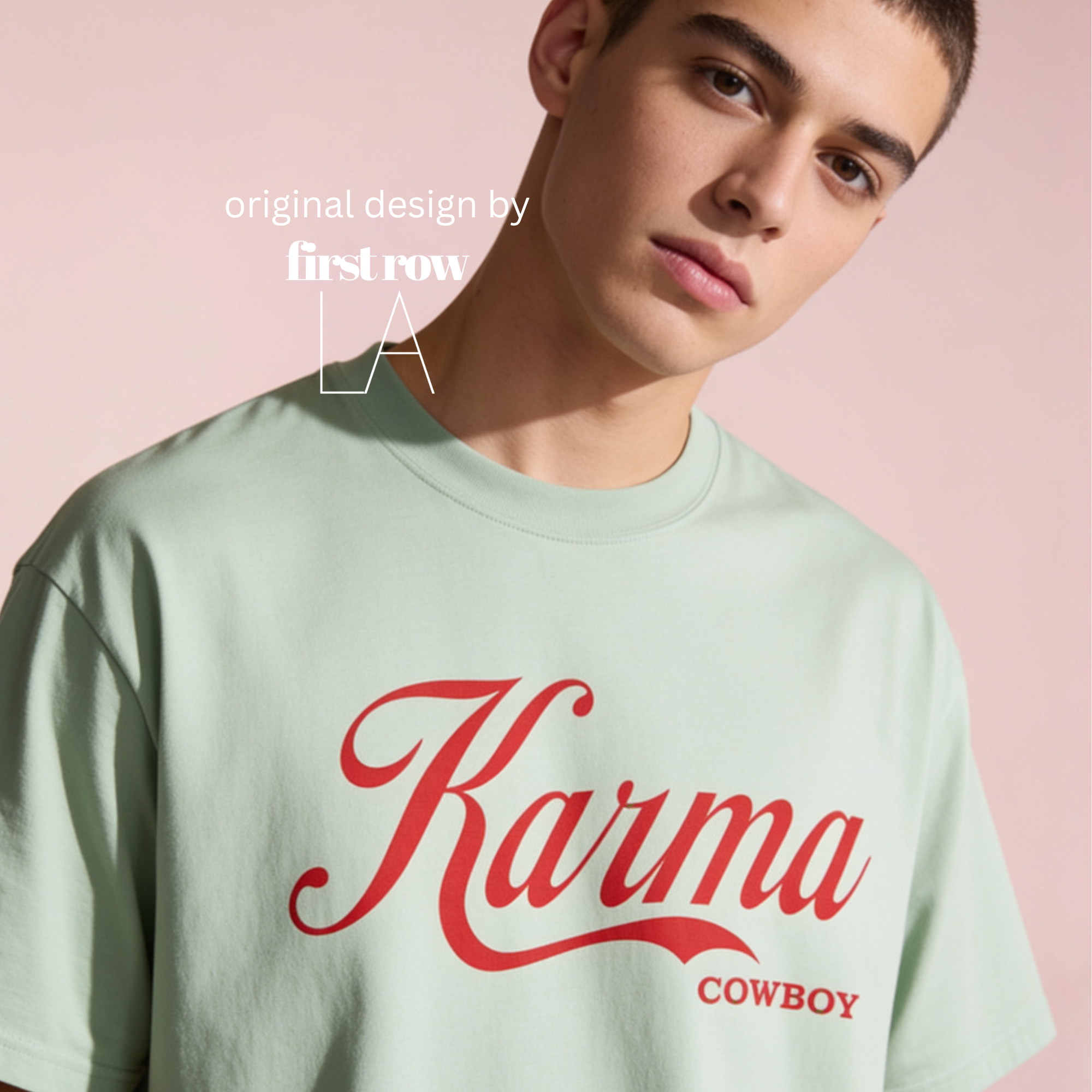 Man wearing t-shirt with a large red 'Karma' script and 'COWBOY' text 

Original design and copyright by first row LA.