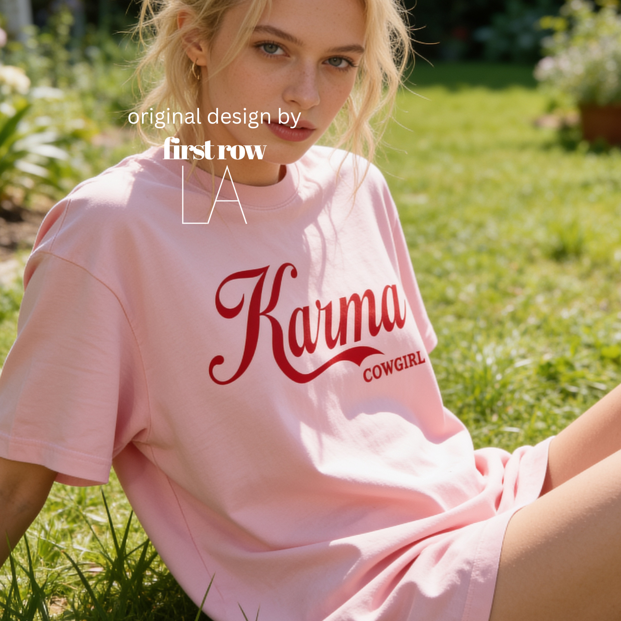 A woman wearing a light pink graphic T-shirt with red 'Karma COWGIRL' lettering.

Original design and copyright by first row LA.