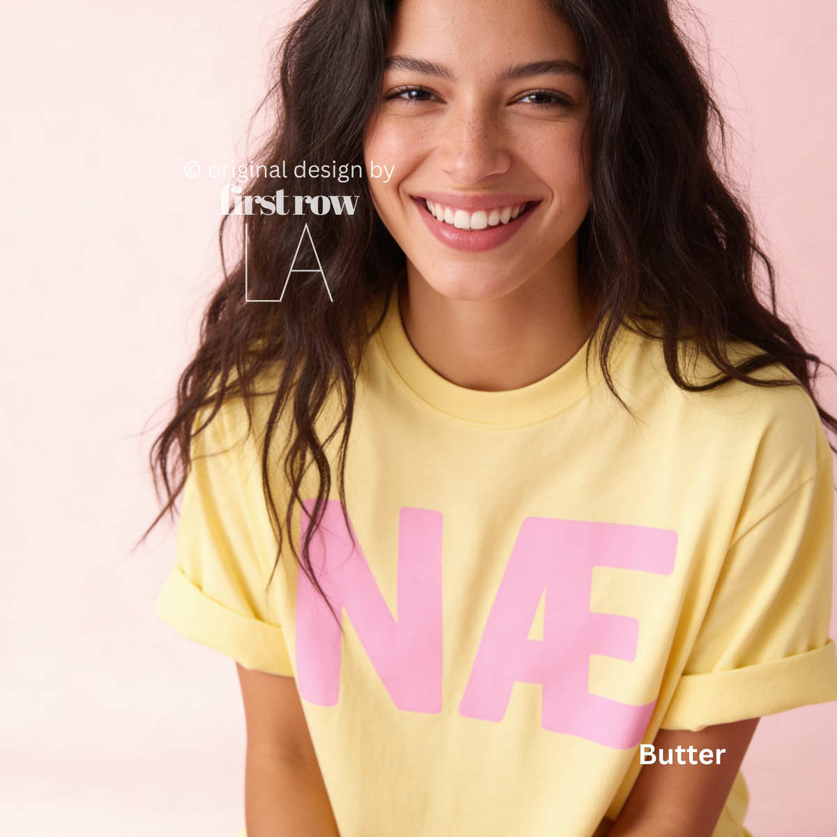 Woman wearing NÆ T-Shirt, Nah Shirt, Nope T-Shirt, Danish Slang Shirt, Scandinavian Humor Tee, Pink Text Shirt, Funny Danish Gift, Absolutely Not shirt, I don't think so

Original design and copyright by first row LA 2026.