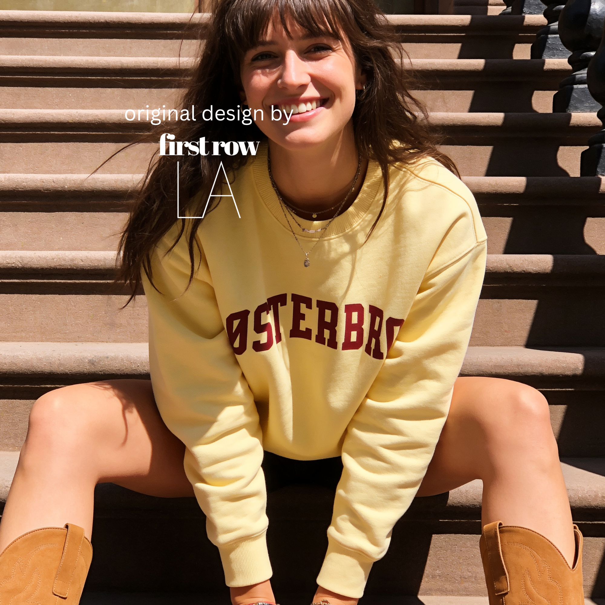 A woman wearing a pale yellow crewneck sweatshirt with 'ØSTERBRO' printed in dark red across the chest.

Original design and copyright by first row LA.