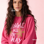 Woman wearing Jingle All The Way, Pink Christmas Sweatshirt, Bright Snowflakes, Colorful Holiday Sweater, Fun Christmas Shirt, Cute Holiday shirt.

Original design and copyright by first row LA 2026.