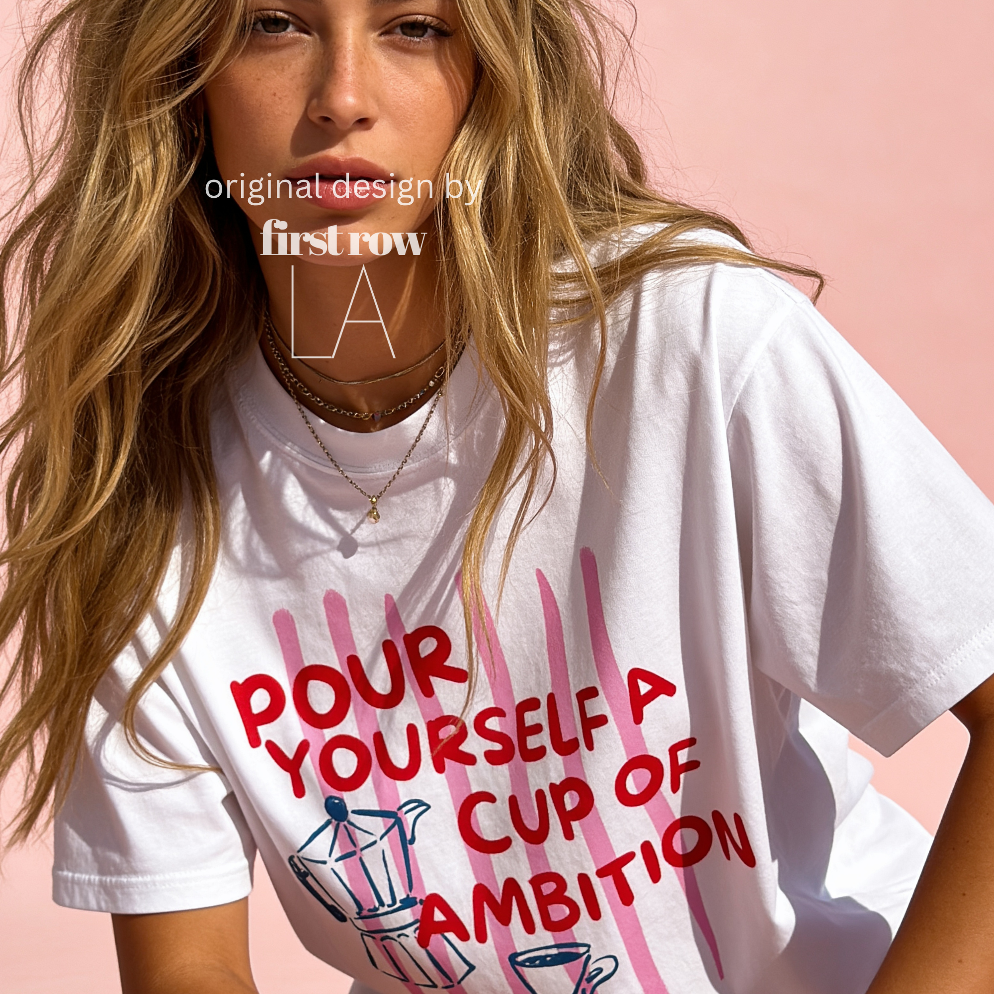 Woman wearing Dolly Parton "Pour Yourself a Cup of Ambition" Shirt, Retro Coffee Graphic, 9 to 5 Country Music Tee, Moka Pot, Coffee Club, Caffeine Lovera coffee mug illustration.

Original design and copyright by first row LA 2025.