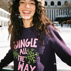 Woman wearing Jingle All The Way, Pink Christmas Sweatshirt, Bright Snowflakes, Colorful Holiday Sweater, Fun Christmas Shirt, Cute Holiday shirt.

Original design and copyright by first row LA 2026.