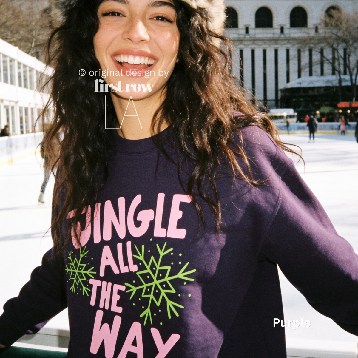 Woman wearing Jingle All The Way, Pink Christmas Sweatshirt, Bright Snowflakes, Colorful Holiday Sweater, Fun Christmas Shirt, Cute Holiday shirt.

Original design and copyright by first row LA 2026.