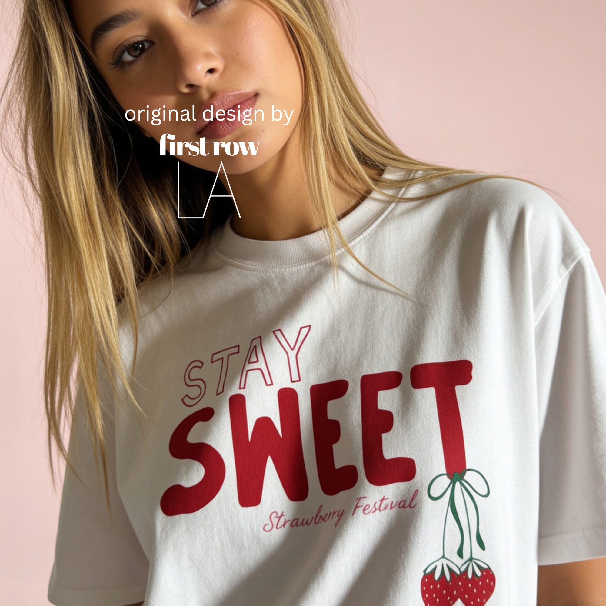 Woman wearing STAY SWEET strawberry Festival T-shirt with hand drawn strawberries hanging in a bow.

Original design and copyright by first row LA 2026.

