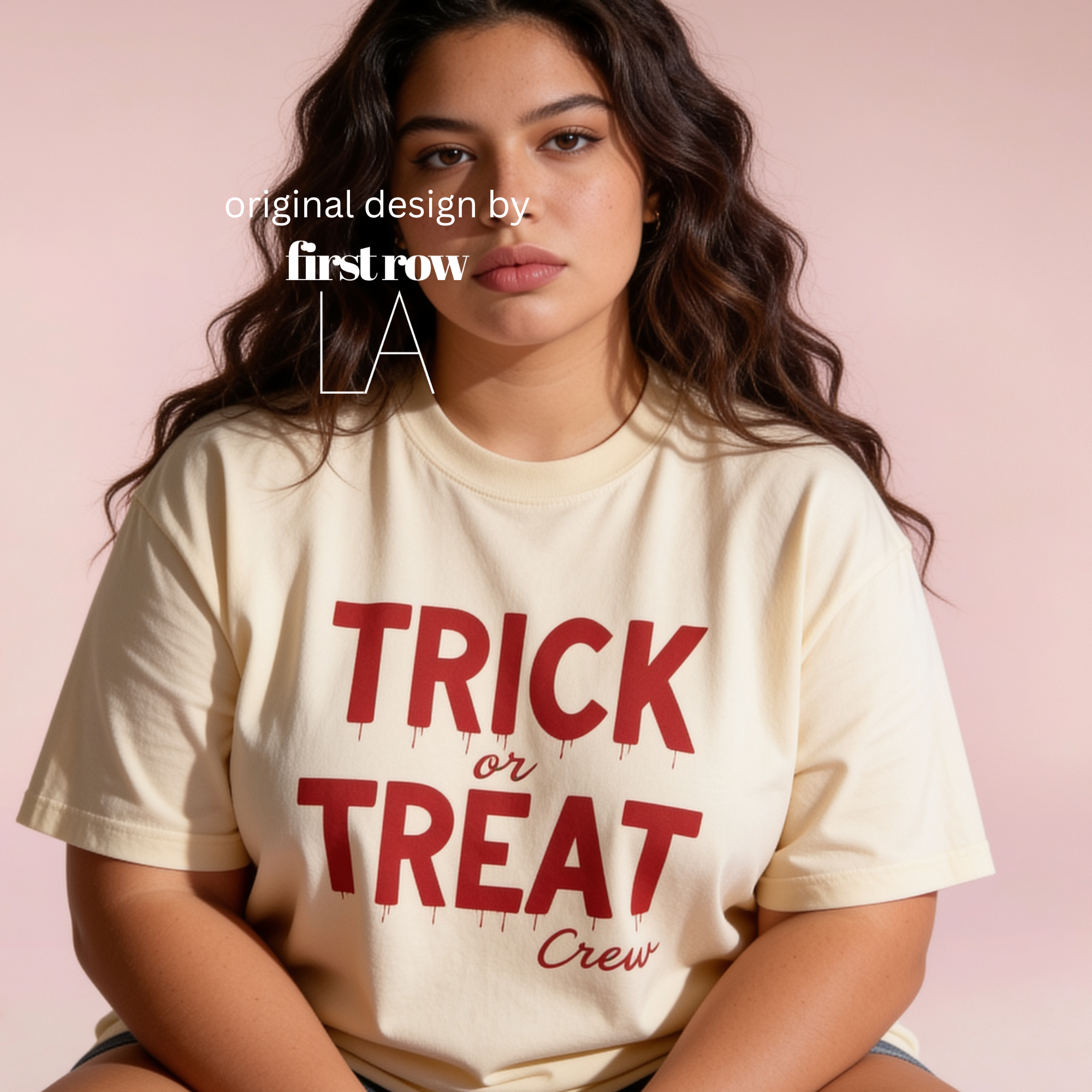 Woman wearing crewneck T-shirt with 'TRICK or TREAT Crew' printed in dark red across the front.

Original design and copyright by first row LA.