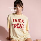 A woman wearing 'TRICK or TREAT Club' in dripping red letters.

Original design and copyright by first row LA.