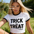 A woman wearing a white ringer T-shirt with black trim and a black graphic that reads 'TRICK or TREAT Club' in a dripping font.

Original design and copyright by first row LA.