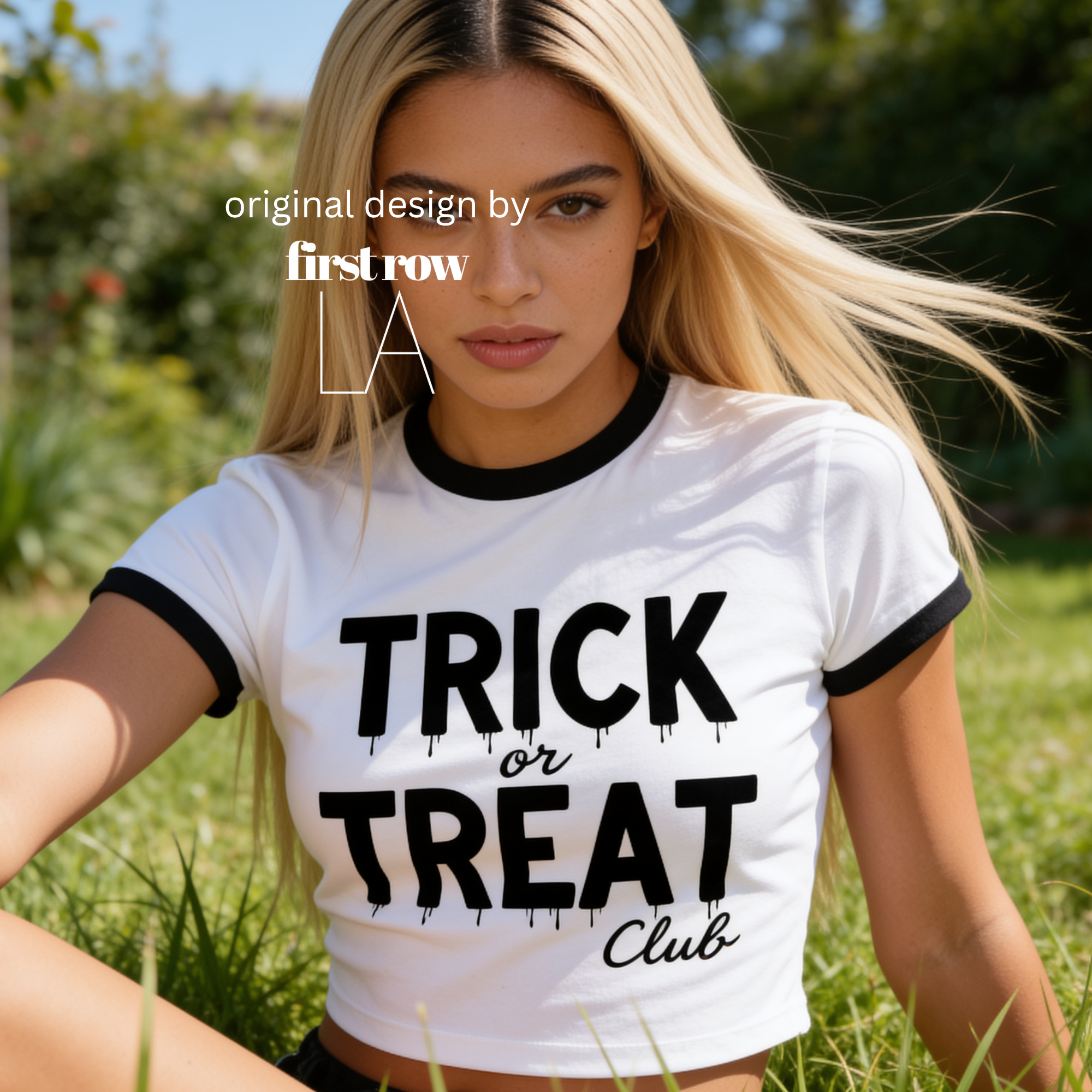 A woman wearing a white ringer T-shirt with black trim and a black graphic that reads 'TRICK or TREAT Club' in a dripping font.

Original design and copyright by first row LA.