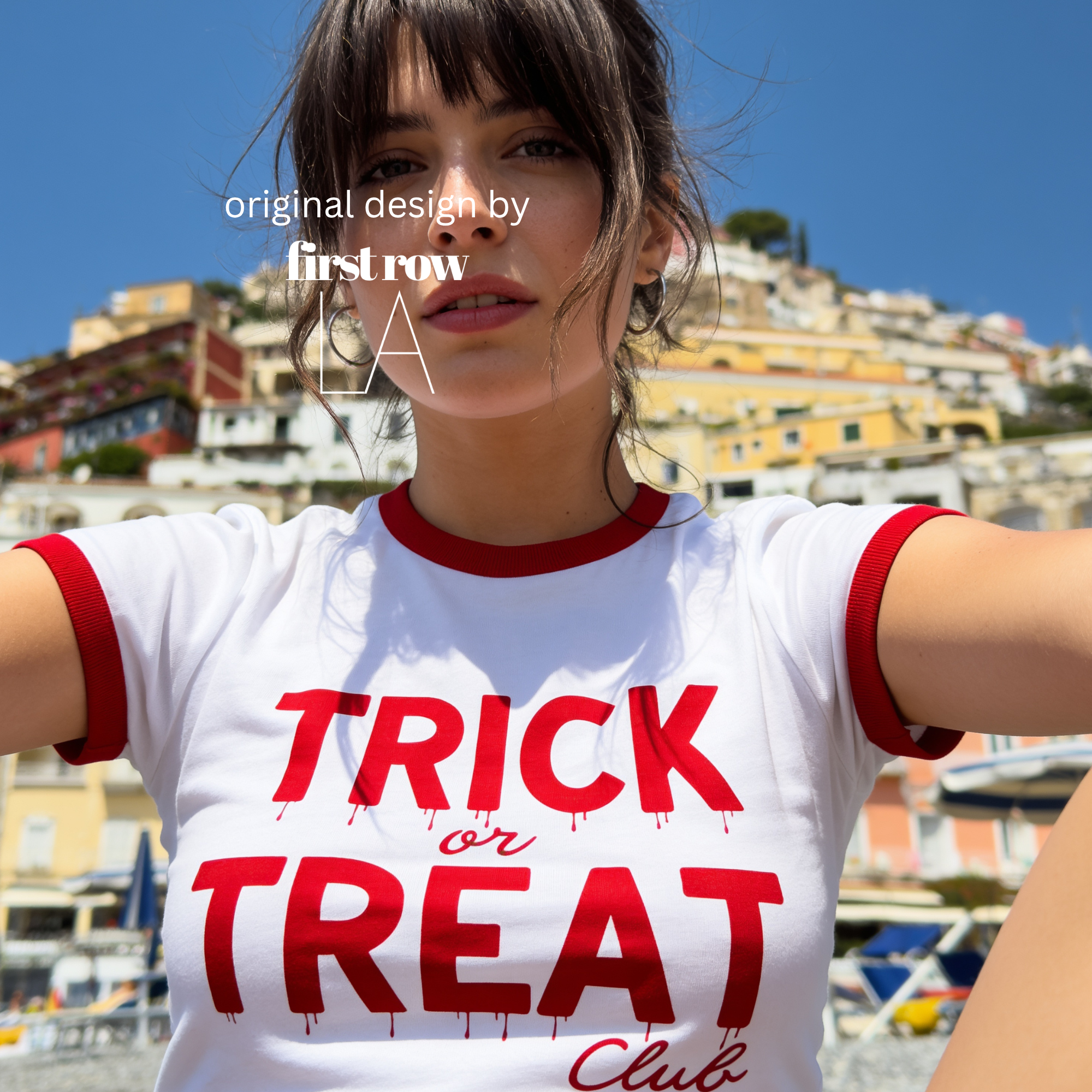 A woman wearing a white ringer T-shirt with red trim and a red graphic that reads 'TRICK or TREAT Club' in a dripping font.

Original design and copyright by first row LA.