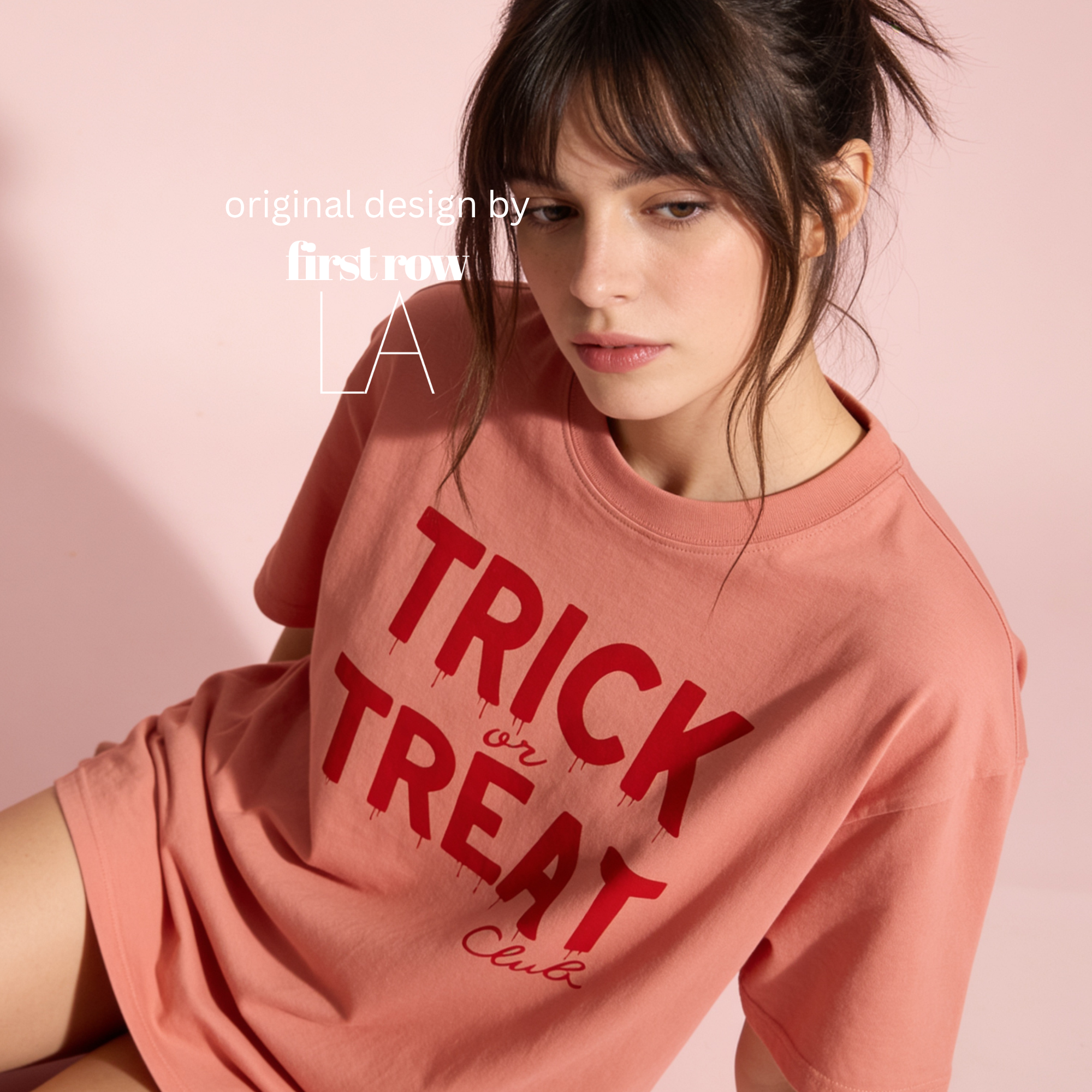 A woman wearing 'TRICK or TREAT Club' in dripping red letters.

Original design and copyright by first row LA.